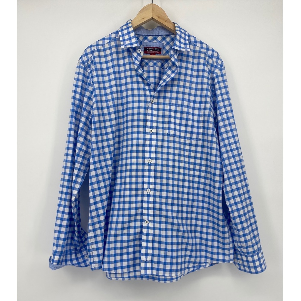 Johnston & Murphy XC4 Shirt M Blue Gingham Excellent Cotton Button Down